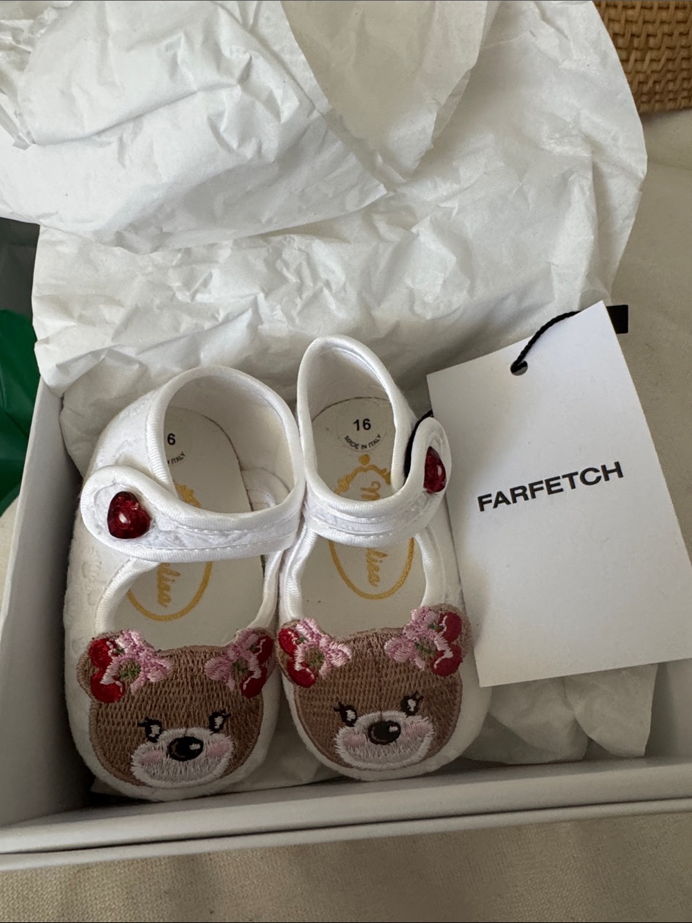 Monnalisa White Mary Jane Shoes with Bear Embroidery